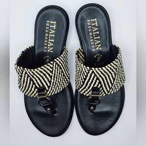 Italian Shoemakers Cream and Black Sandals with Geometric Design. Size 6.5